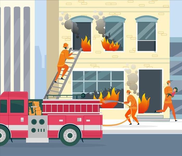 picture FD, ladders,truck at burning apt.